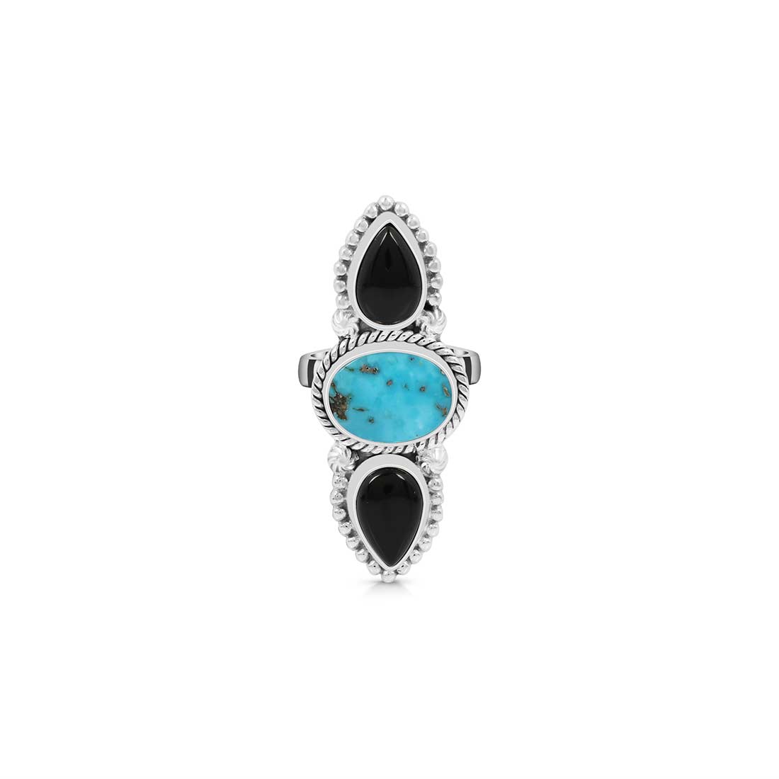 Turquoise And Black Onyx Adjustable Ring-(TRQ-CLS-1.)